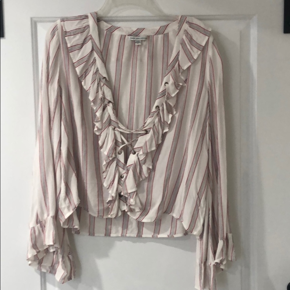 Striped Ruffle Blouse - Cream and Red